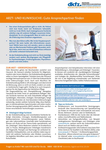 Informationsblatt "Arzt- und Kliniksuche: Gute Ansprechpartner finden" © Krebsinformationsdienst, DKFZ