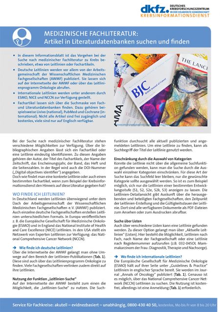 Informationsblatt "Medizinische Fachliteratur: Artikel in Literaturdatenbanken suchen und finden" © Krebsinformationsdienst, DKFZ