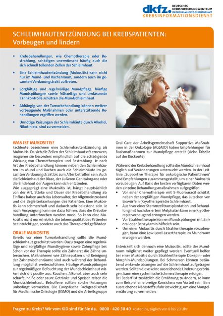 Informationsblatt "Schleimhautentzündungen bei Krebspatienten: Vorbeugen und lindern" © Krebsinformationsdienst, DKFZ